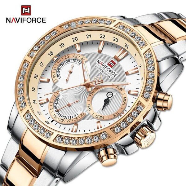 NAVIFORCE NF9196 Men's Quartz Stainless Steel Diamond Chronograph Complete Calendar Wristwatch  - Rosegold/Silver