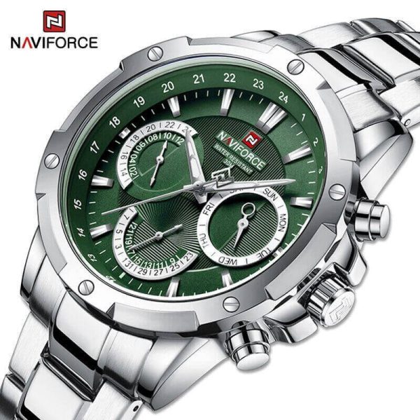 NAVIFORCE NF9196 Men's Quartz Stainless Steel Chronograph Complete Calendar Wristwatch - Green/Silver