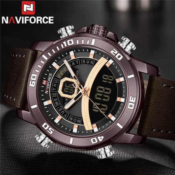 NAVIFORCE NF9181 Dual Time Luxury Series Digital Analog Function Leather Watch For Men - Coffee - Image 2