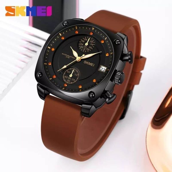 SKMEI 1903 Retro Personality Fashion Rhinestone Chronograph Leather Strap Watch For Men - Brown - Image 3