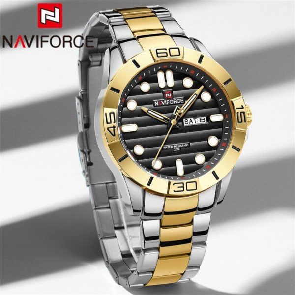 NAVIFORCE NF9198 Casual Quartz Luminous Date Week Stainless Steel Watch For Men - Black/Golden - Image 3