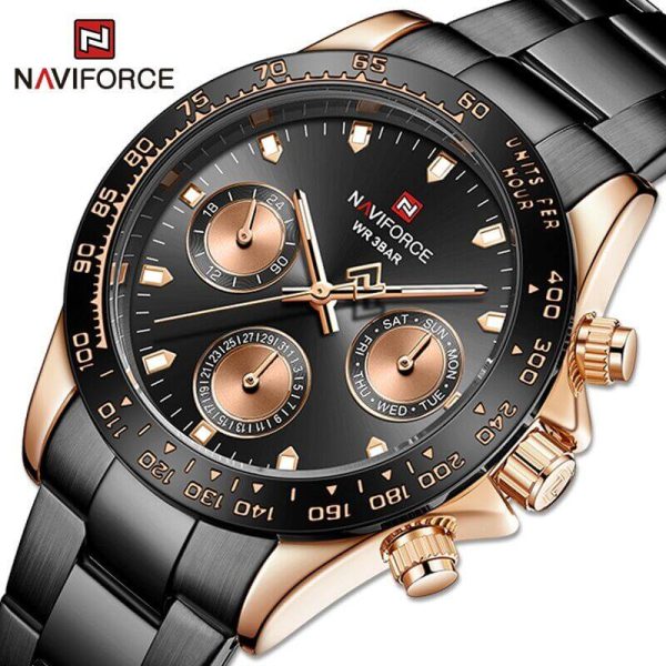 NAVIFORCE NF9193 Unisex Classic Business Luminous Multifunction Chronograph Stainless Steel Watch  - Black