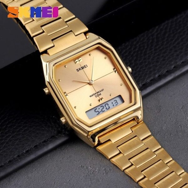 SKMEI 1612 Casual Digital Analog Slim Dial Stainless Steel Watch For Men - Golden - Image 3