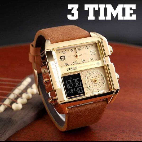 SKMEI 1391 Men's Multifunction Big Dial Square Digital Analog LED Chronograph Leather Strap Wristwatch - Golden/Brown - Image 2