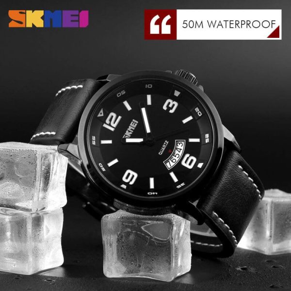 SKMEI 9115 Men's Casual Date Display Leather Strap Luminous Quartz Watch - Black - Image 2