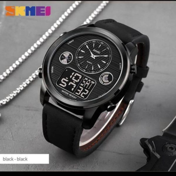 SKMEI 1653 Men's World Time Dual Display Movement LED Electronic Multifunction Leather Strap Watch - Black - Image 3