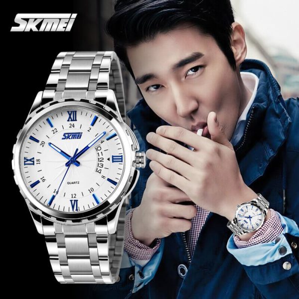 SKMEI 9069 Business Quartz Stainless Steel Roman Numeral Index Date Display Watch For Men - Silver/Blue - Image 2