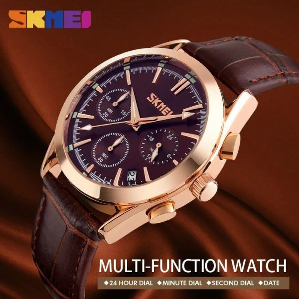 SKMEI 9127 Men's Elegant Business Analog Date Display Multifunction Leather Strap Chronograph Watch - Coffee - Image 2