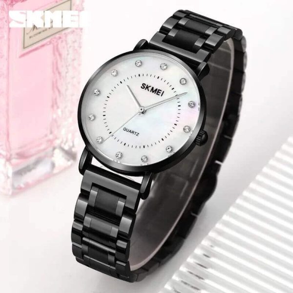 SKMEI 1840 Simple Elegant Rhinestone Round Dial Quartz Stainless Steel Watch For Women-Black - Image 2