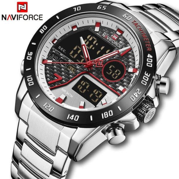 NaviForce NF9171 Dual Movement Digital Analog Function Quartz Watch - Silver