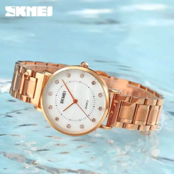 SKMEI 1840 Simple Elegant Rhinestone Round Dial Quartz Stainless Steel Watch For Women-RoseGold - Image 2