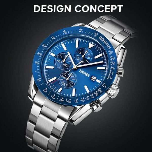 SKMEI 9253 Men's Top Luxury Chronograph Multifunction Stainless Steel Quartz Movement Watch - Silver/Blue - Image 3