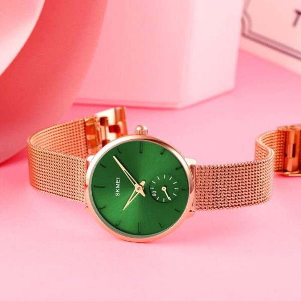 SKMEI 1791 Fashion Elegant Stainless Steel Mesh Quartz Wristwatch For Women - Green/RoseGold - Image 3