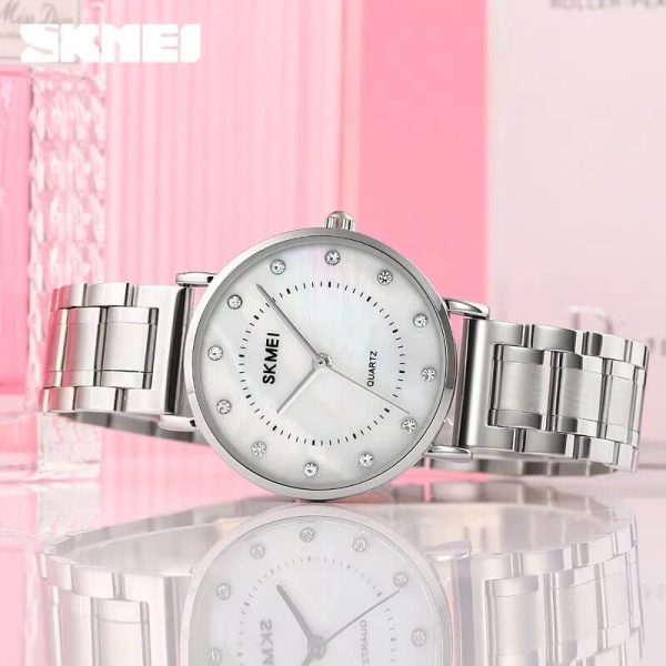 SKMEI 1840 Simple Elegant Rhinestone Round Dial Quartz Stainless Steel Watch For Women-Silver - Image 2