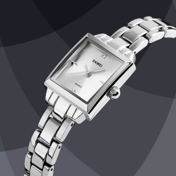 SKMEI 1407 Women's Rectangle Shape Diamond Studded Ultra Thin Stainless Steel Analog Watch - Silver - Image 2