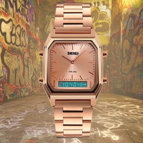 SKMEI 1220 Double Time Digital Analog Stainless Steel Watch - RoseGold - Image 2