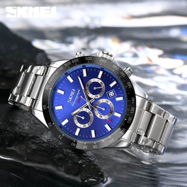 SKMEI 9259 Multifunction Luxury Stainless Steel Watch for Men - Blue/Silver - Image 3