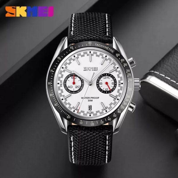 SKMEI 9292 Business Chronograph Date Function Leather Strap Quartz Wristwatch For Men - Black/Silver - Image 2