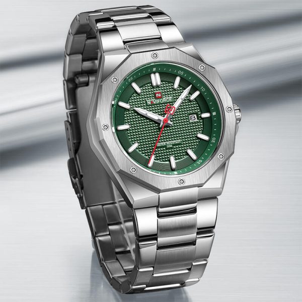 NAVIFORCE NF9200 Men's Quartz Polygon Vogue Stainless Steel Date Function Watch - Green/Silver - Image 3