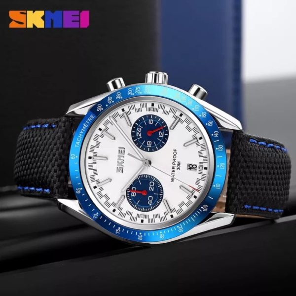 SKMEI 9292 Business Chronograph Date Function Leather Strap Quartz Wristwatch For Men - Blue/White - Image 2