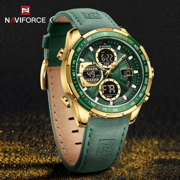 NAVIFORCE NF9197 Men's Business Day Date Function Analog Digital  Leather Strap  Wristwatch - Golden/Green - Image 3