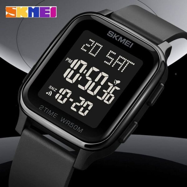 SKMEI 1858 Fashion LED Light Digital Rectangle Shape Complete Calendar Wristwatch For Men - Black - Image 3