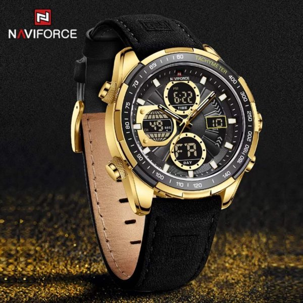 NAVIFORCE NF9197 Men's Business Day Date Function Analog Digital  Leather Strap  Wristwatch - Gold/Black - Image 3