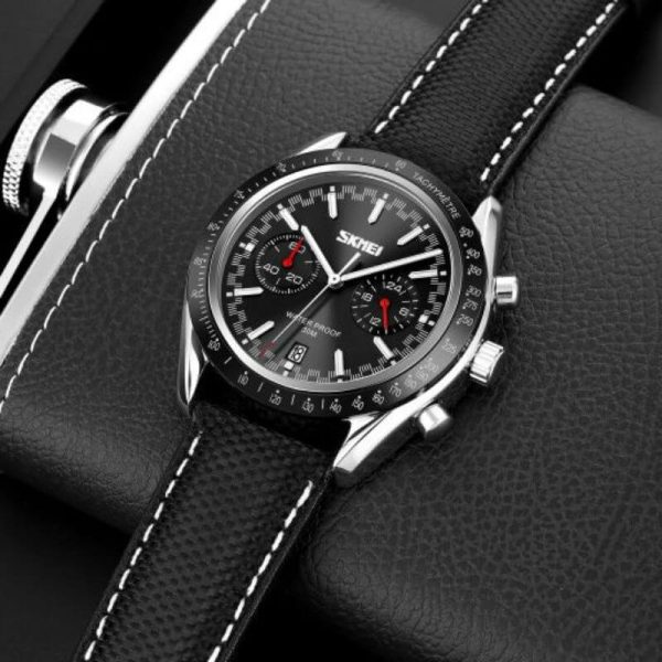 SKMEI 9292 Business Chronograph Date Function Leather Strap Quartz Wristwatch For Men - Black - Image 2