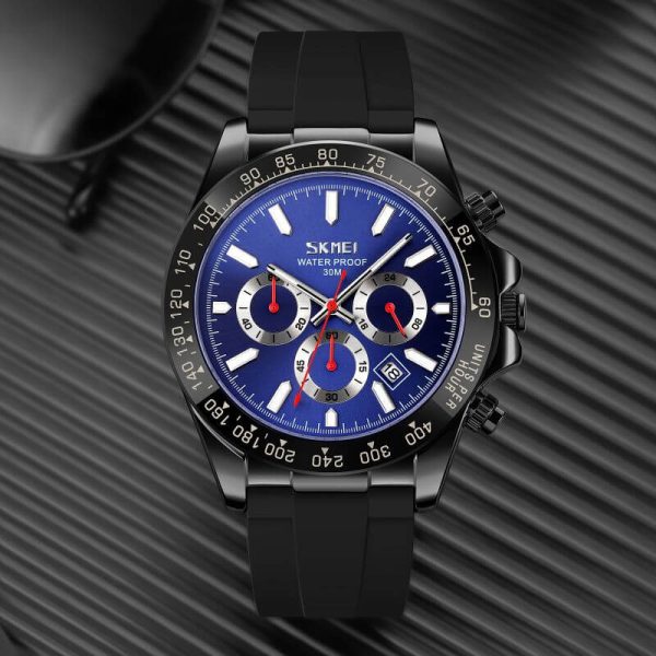 SKMEI 9275 Men's Business Chronograph Date Display Silicon Strap Quartz Watch - Black/Blue - Image 2