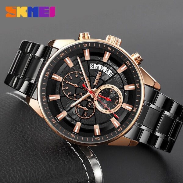 SKMEI 9285 Men's Business Multifunction Date Display Chronograph Stainless Steel Watch - Black/RoseGold - Image 3