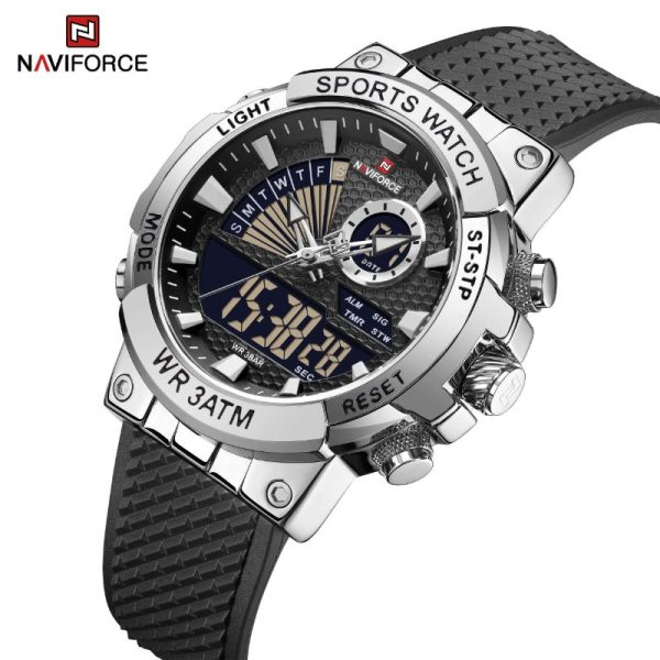 NaviForce NF9219 Dual Display Polygonal Case Analog Digital Silicon Strap Watch For Men - Silver/Black