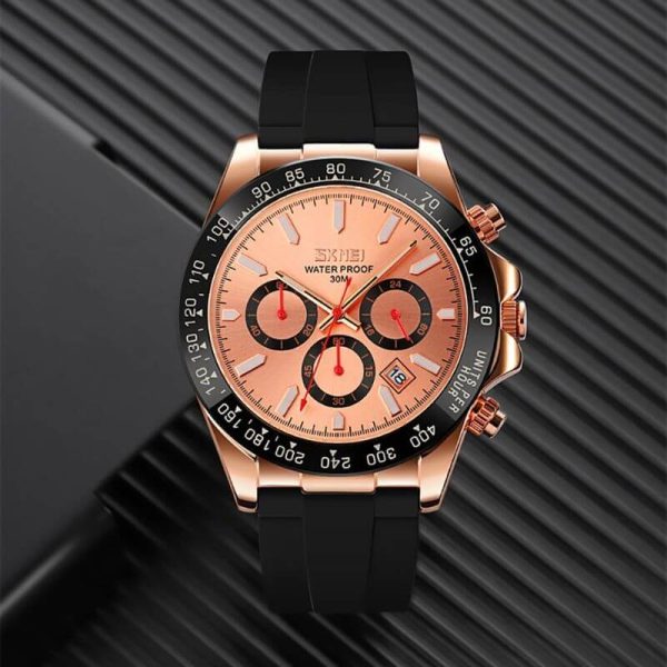 SKMEI 9275 Men's Business Chronograph Date Display Silicon Strap Quartz Watch - RoseGold - Image 2