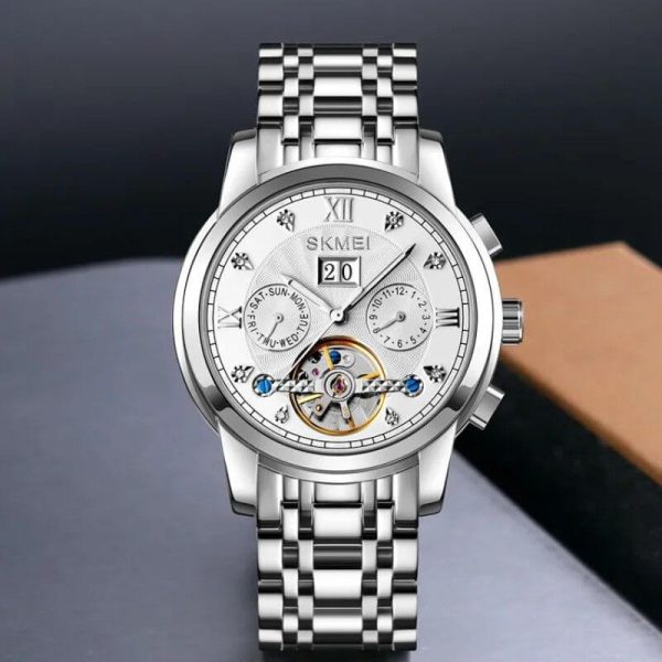 Skmei M029 Men's Mechanical Creative Dial Automatic Day Date Display Luminous Stainless Steel Watch - Silver