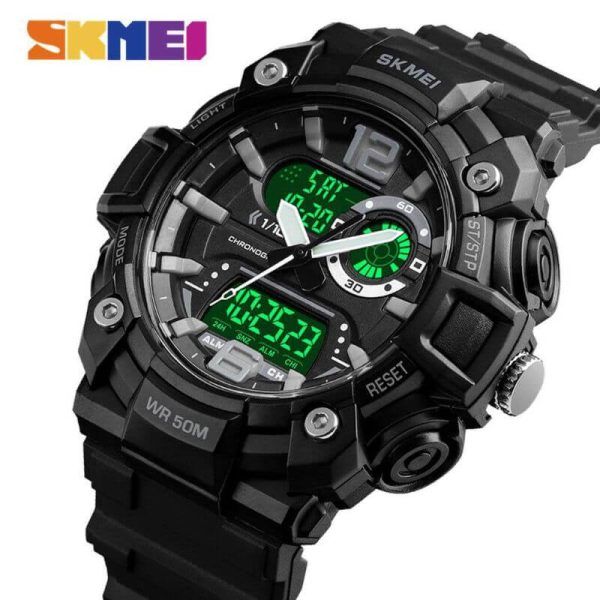 SKMEI 1529 Men's Sports LED Light Chronograph Dual Display 3 Time Multi-Function Watch - Black