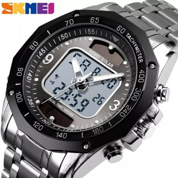 SKMEI 1493 Luxury Men Quartz Dual Time Display Waterproof Stainless Steel Watch - Silver