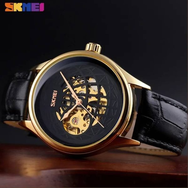 SKMEI 9209 Men's Automatic Hollowing Mechanical Fashion Business Leather Strap Watch - Black - Image 2