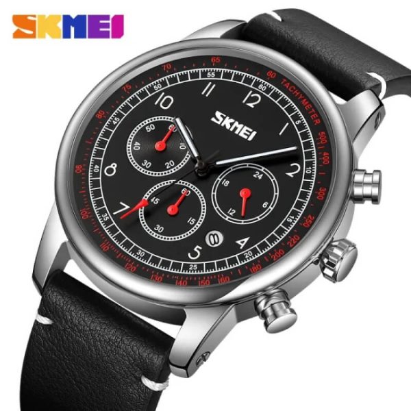 SKMEI 9318 Men's Casual Multifunction Tachymeter Leather Strap Luminous Watch - Red/Black