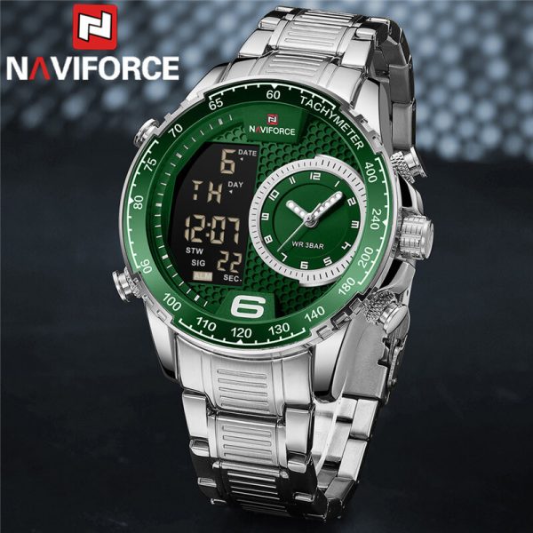 NAVIFORCE NF9199 Double Display LCD Chronograph Stainless Steel Wristwatch For Men - Green/Silver - Image 3