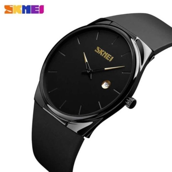 SKMEI 1509 Casual Super Slim Dial Date Display Silicon Strap Quartz Watch For Men - Black