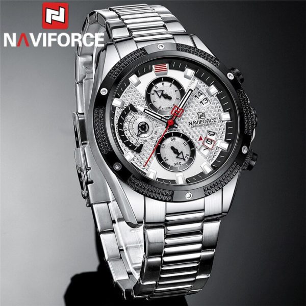 NaviForce NF8021 Men's Multifunction Date Display Stainless Steel With Luminous Hands Chronograph Watch - White/Silver - Image 3