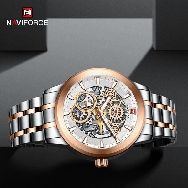 NaviForce NFS1002 Men's Self Winding Mechanical 10 ATM Waterproof Stainless Steel With Luminous Hands Chronograph Watch - Silver/Rosegold - Image 2