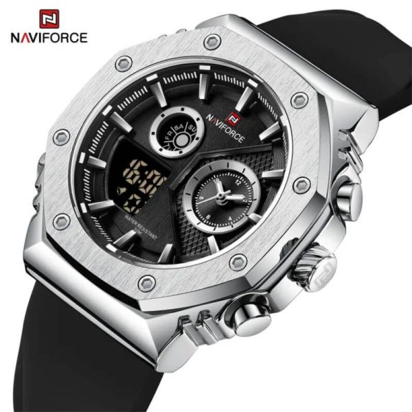 NaviForce NF9216T Men's Dynamic Dual Display Polygonal Bezel Luminous Silicone Strap Watch - Silver/Black