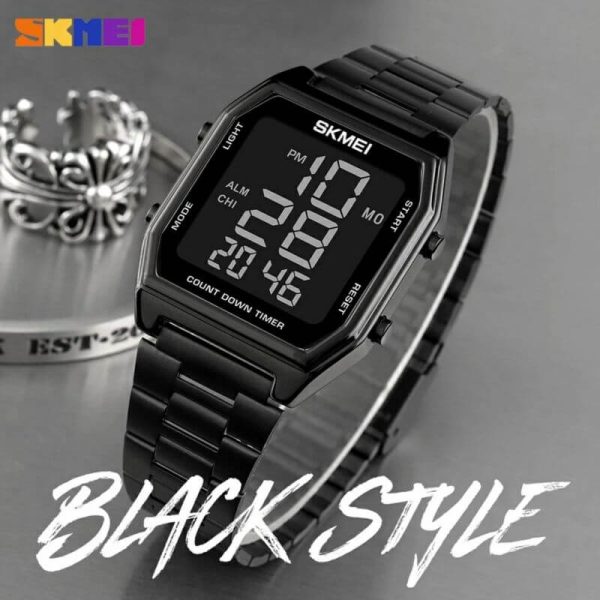 SKMEI 1735 LED Dual Time Digital Retro Fashion Stainless Steel Wrist Watch For Men - Black - Image 4