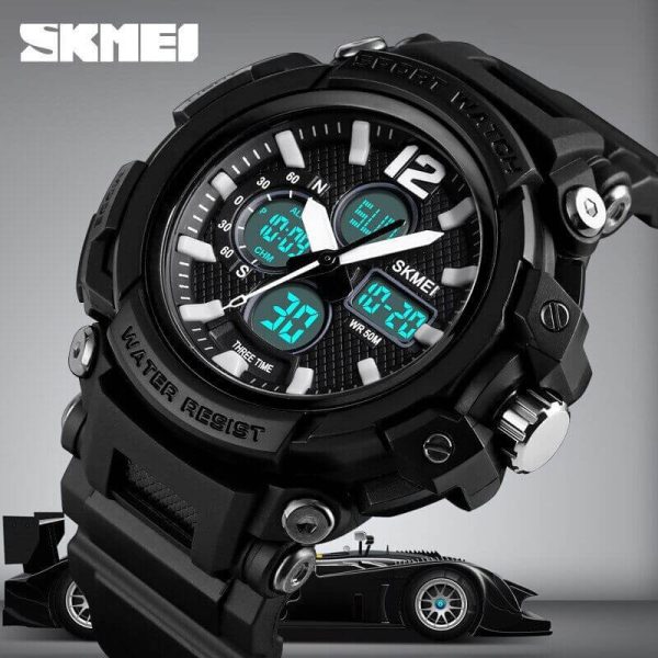 Skmei 1498 Sport Dual Display Luminous 5 ATM Waterproof 3Time Multl-Function Watch For Men - Black