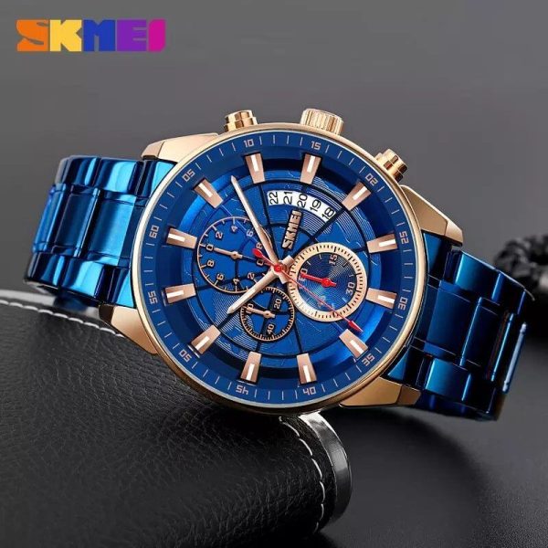 SKMEI 9285 Men's Business Multifunction Date Display Chronograph Stainless Steel Watch - Blue/RoseGold - Image 2