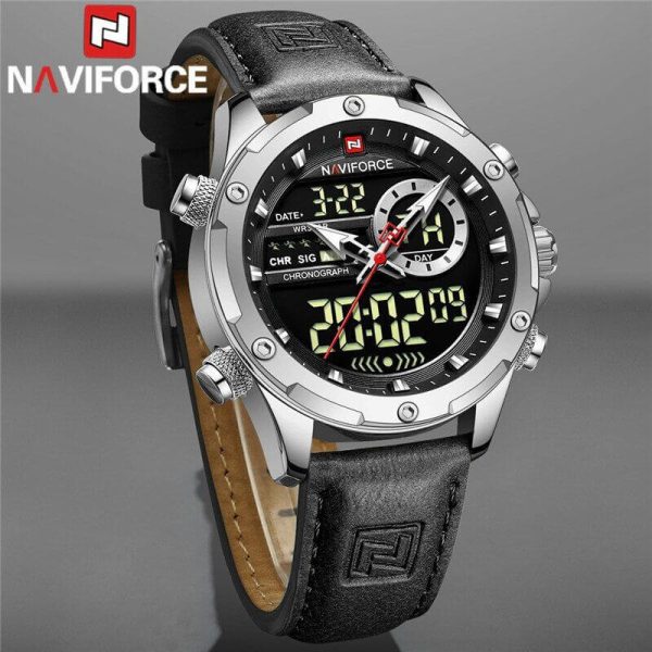 NaviForce NF9208 Men's Dual Display LCD Leather Strap Complete Calendar Wristwatch - Silver/Black - Image 2