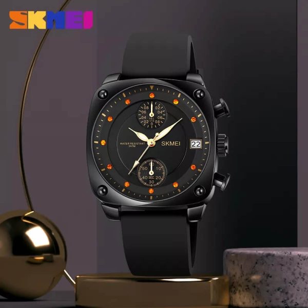 SKMEI 1903 Retro Personality Fashion Rhinestone Chronograph Leather Strap Watch For Men - Black - Image 3