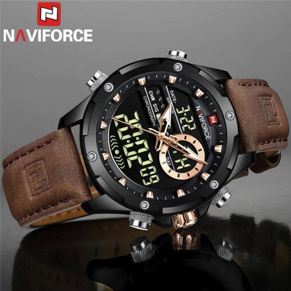 NaviForce NF9208 Men's Dual Display LCD Leather Strap Complete Calendar Wristwatch - Coffee - Image 2