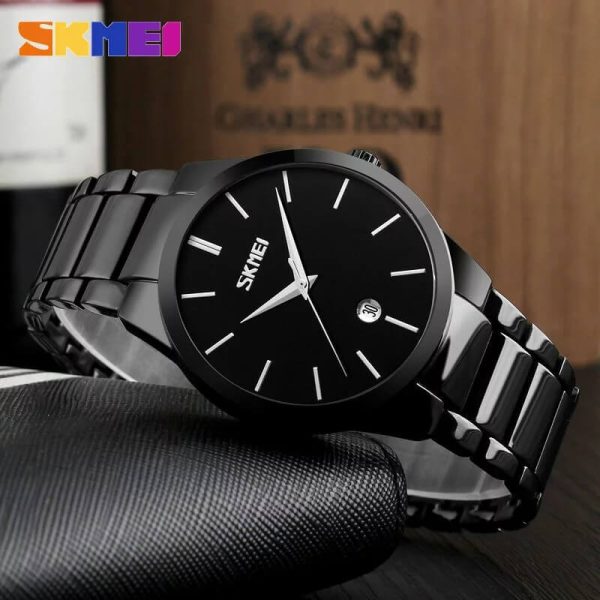 SKMEI 9140 Men's Business Stainless Steel Date Display Ultra Thin Quartz Watch - Black - Image 2