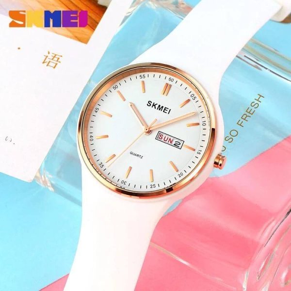 SKMEI 1747 Women's Top Luxury Round Dial Date Day Display Silicon Strap Quartz Moment Watch - White - Image 2